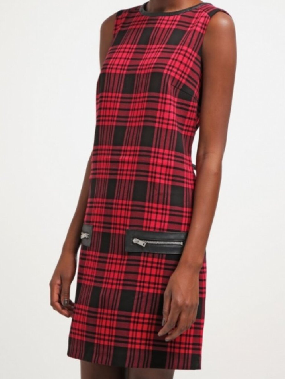 Esprit Red-Black Plaid Shift Dress With Zipper Detailing